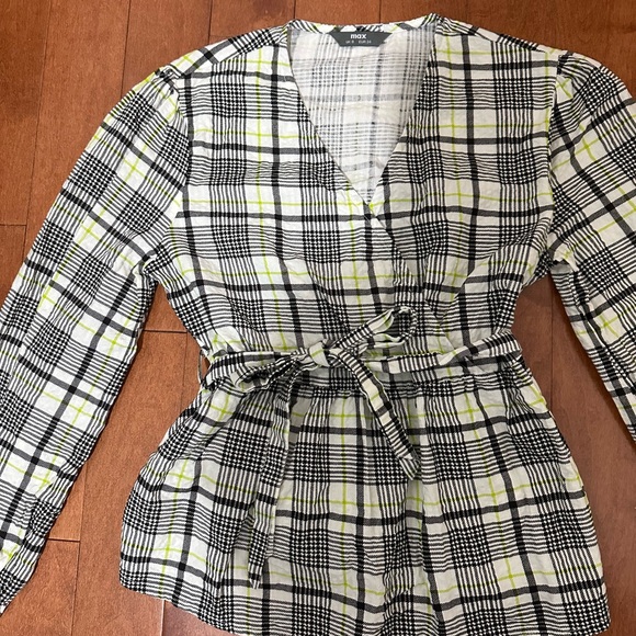 Plaid Blouse with Waist Tie - Black, White, Green - Picture 2 of 4